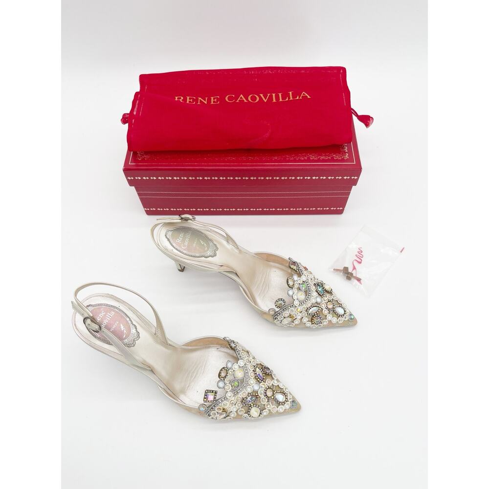 René Caovilla Veneziana Iridescent Shimmer Lace Crystal Slingback Heels IT 38 - Picture 2 of 16